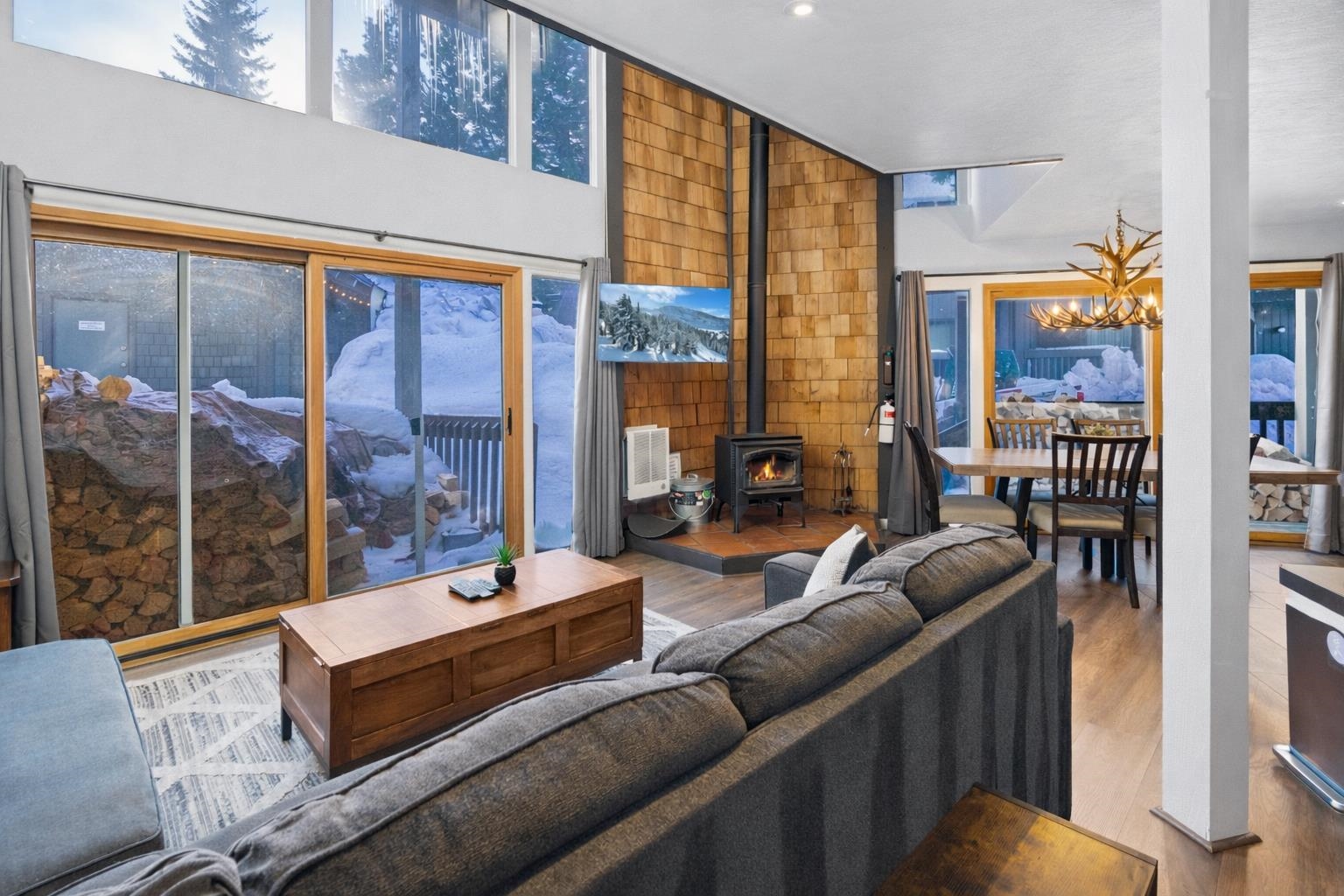 a living room with furniture city view