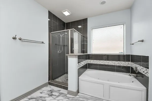 a bathroom with a bathtub and a shower