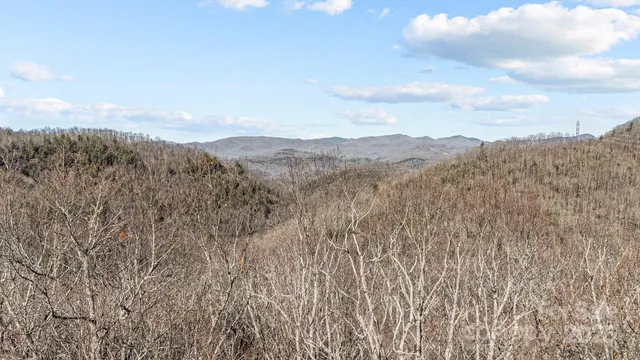 a view of a dry yard with mountains in the background
