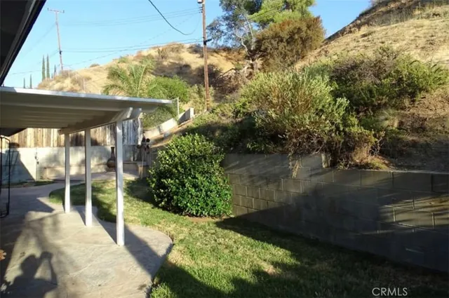 a view of a yard with plants and a lake view