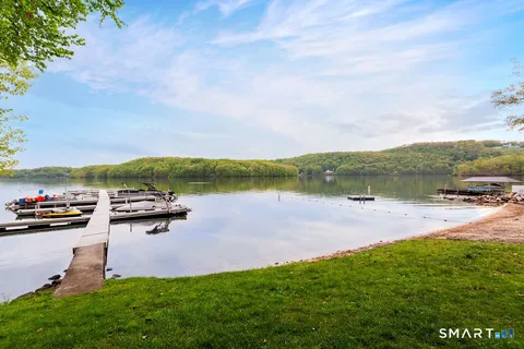 a view of a lake with houses in the back
