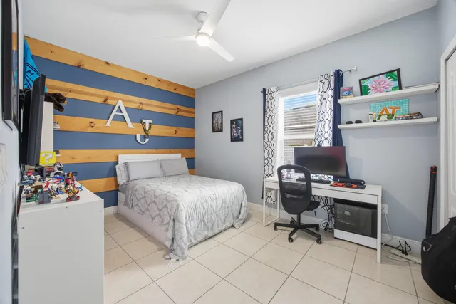 a bedroom with a bed and a desk