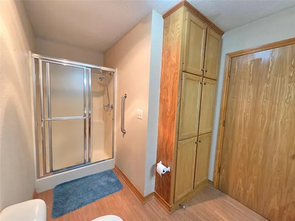 a view of a bathroom with wooden floor