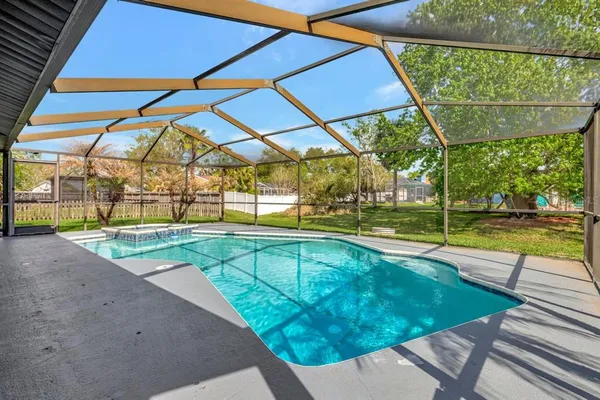 a view of a backyard with a swimming pool