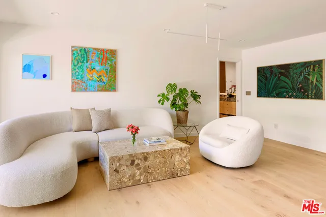 a living room with furniture and a potted plant
