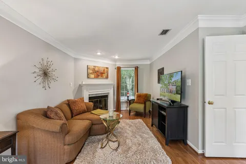 a living room with furniture a fireplace and a potted plant