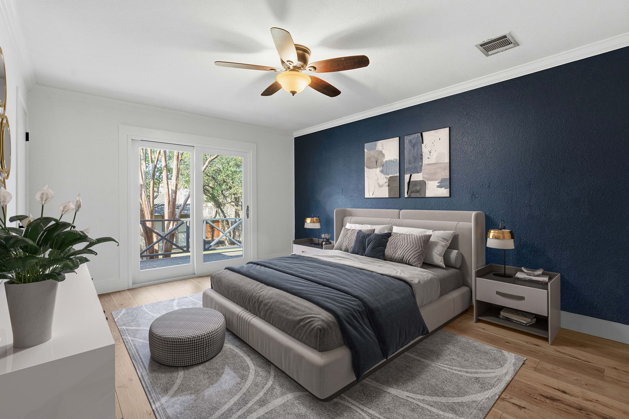 1511 Knoll Ridge Drive Cedar Park, TX 78613 - Photo 12 of 26 Bedroom with access to exterior, crown molding, light wood-style flooring, a ceiling fan, and a textured wall