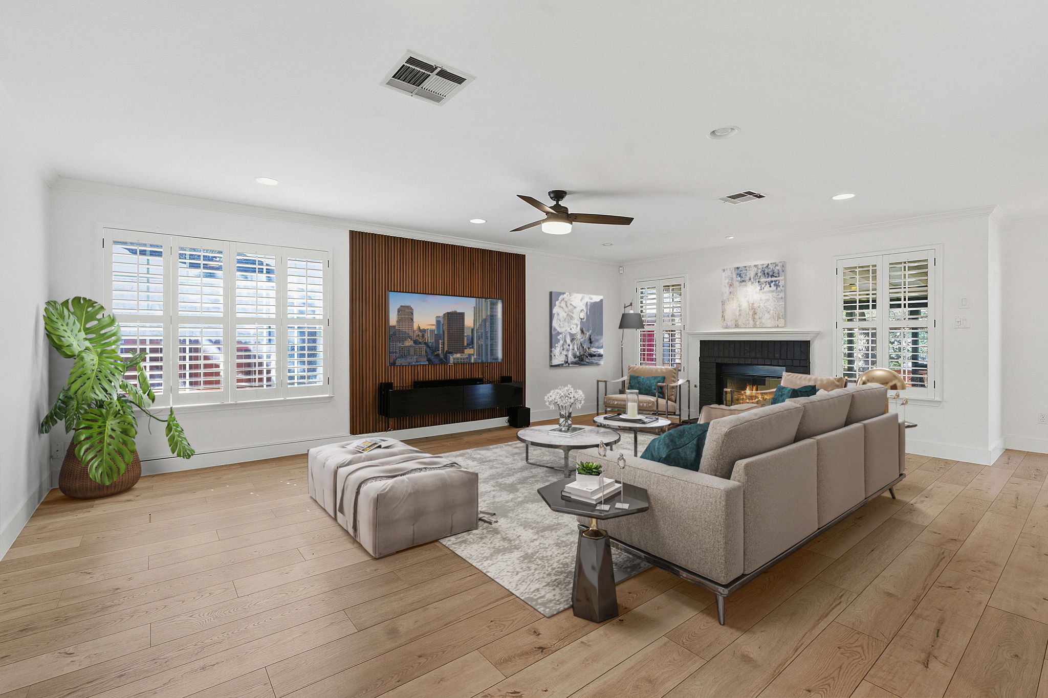1511 Knoll Ridge Drive Cedar Park, TX 78613 - Photo 5 of 26 Living room featuring a brick fireplace, light wood finished floors, a ceiling fan, and recessed lighting