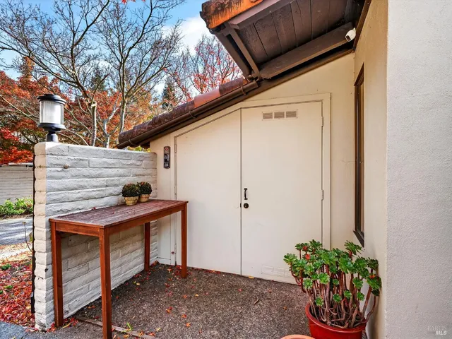 a view of a backyard with table and chairs potted plants and a large tree