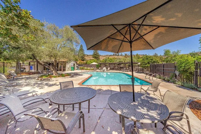 a view of swimming pool with outdoor seating and plants