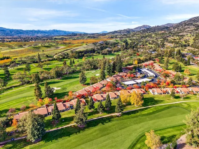 an aerial view of residential houses with outdoor space and trees