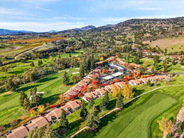 an aerial view of residential houses with outdoor space and trees