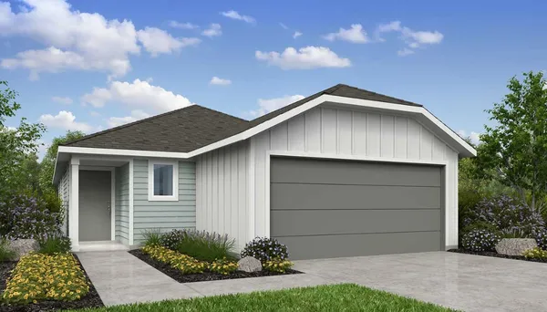 a backyard of a house with plants and garage