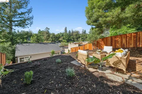 a backyard of a house with table and chairs