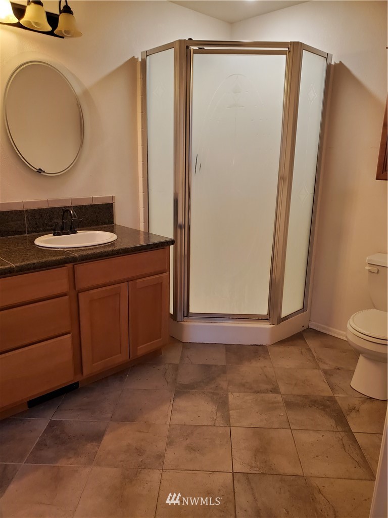 541 East Coulter Creek Road Belfair, WA 98528 - Photo 21 of 39 a bathroom with a sink a toilet and a mirror