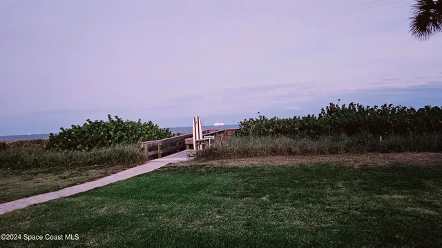 a view of a grassy field with trees in background