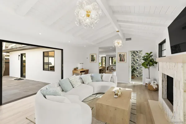 a living room with furniture a fireplace and a flat screen tv