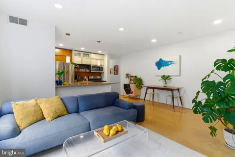 a living room with furniture and a potted plant