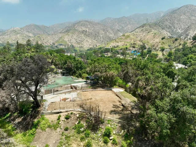 a view of a dry yard with mountains in the background