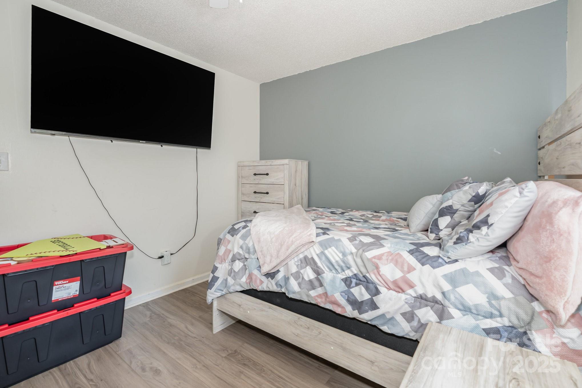 716 McDaniel Road Kings Mountain, NC 28086 - Photo 21 of 35 a bedroom with a bed a flat screen tv and a couch