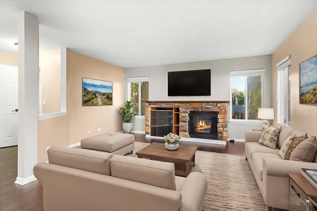 a living room with furniture a flat screen tv and a fireplace