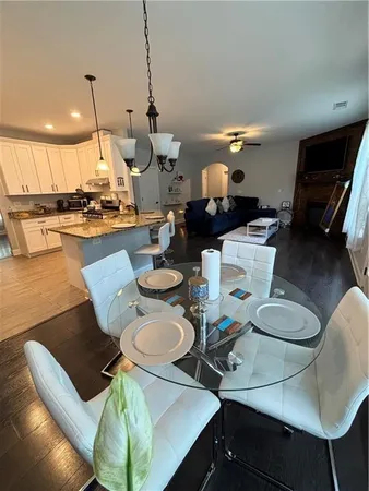 a dining room with furniture