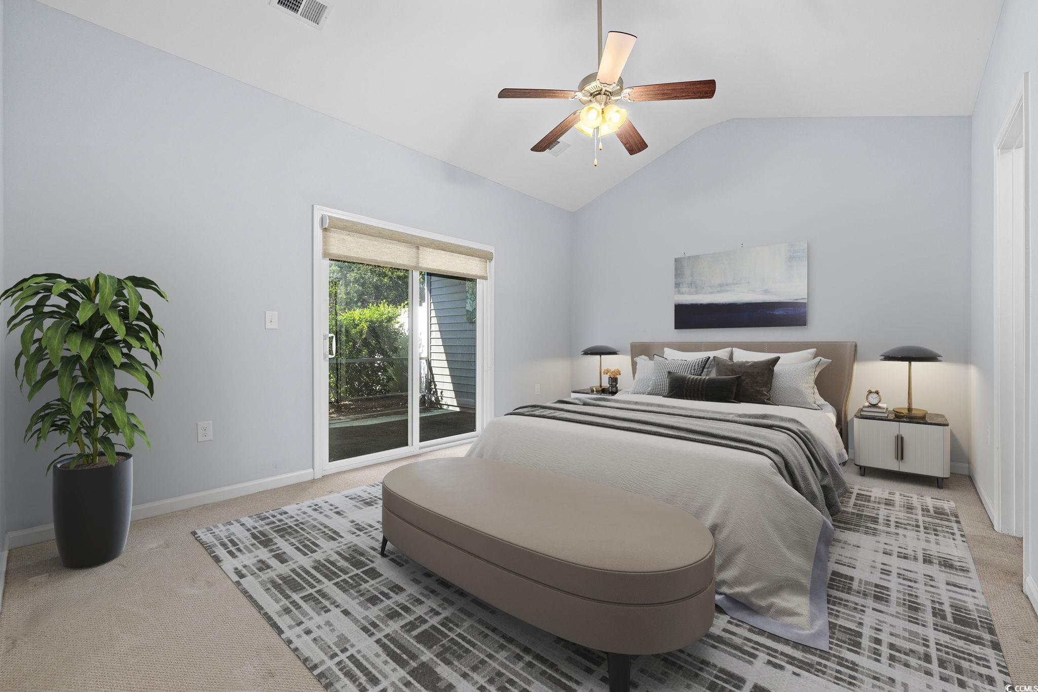 817 Arezzo Way, Unit 1001 Myrtle Beach, SC 29579 - Photo 22 of 40 Bedroom featuring carpet floors, access to outside, vaulted ceiling, and a ceiling fan