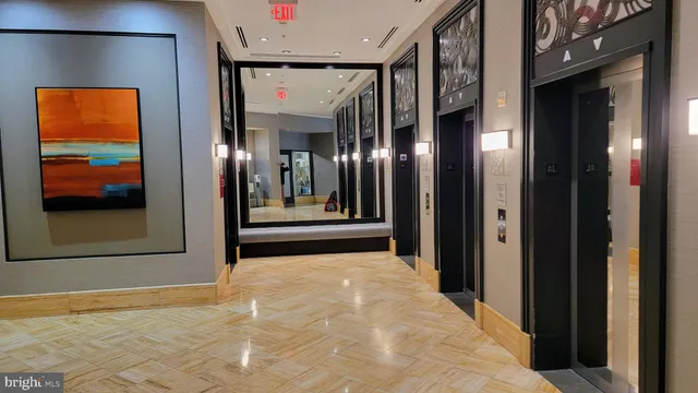 a view of a hallway with painted walls