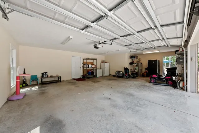 a view of a garage with storage