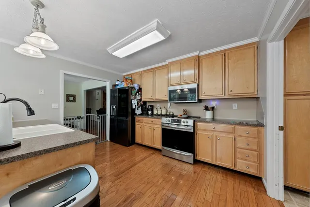 a kitchen with stainless steel appliances granite countertop a refrigerator a sink dishwasher a stove with wooden cabinets and floor