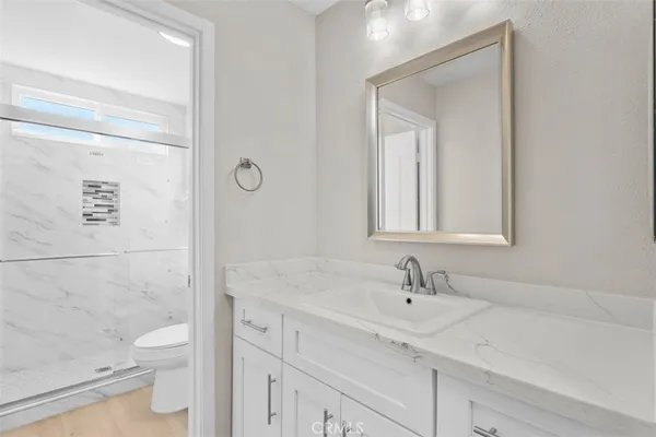 a bathroom with a sink a toilet and a shower