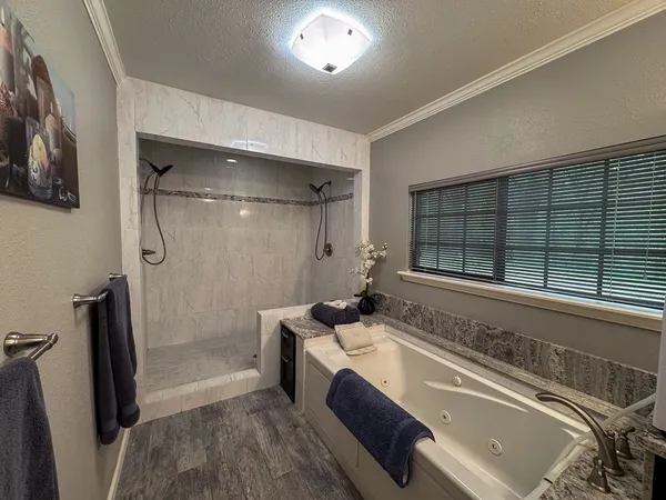 a bathroom with a tub a sink a mirror and a shower