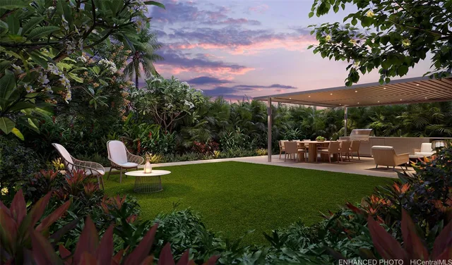 a view of a chair and tables the patio and fire pit