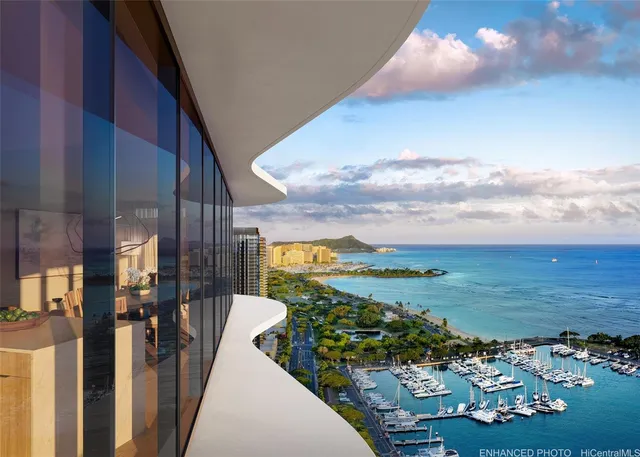a view of a balcony with an ocean