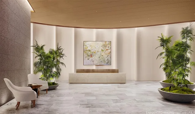 a living room with furniture and a potted plant