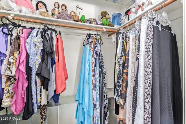 a view of walk in closet with clothes and shoes