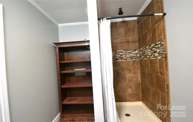 a bathroom with a shower and a sink