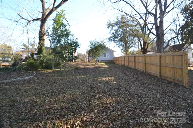 a view of a yard with plants and trees
