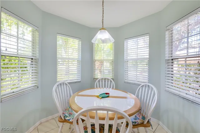a view of a dining room with furniture window and outside view