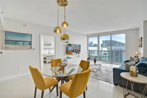 a living room with furniture and a floor to ceiling window