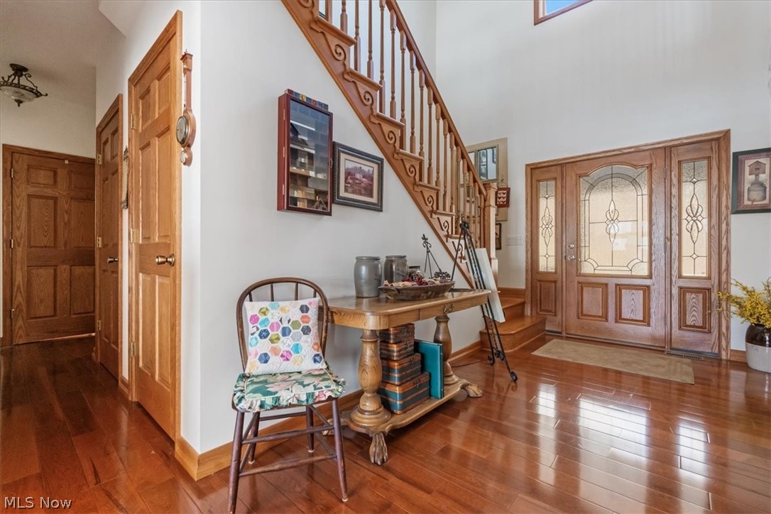 Foyer with dark hardwood / wood-style flooring and a towering ceiling