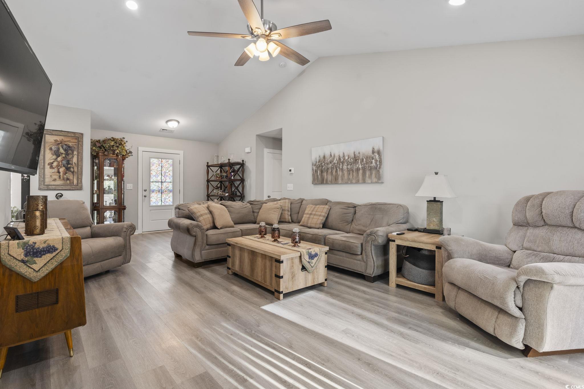 2715 Biscane Court Conway, SC 29527 - Photo 5 of 18 Living room with light wood-type flooring, recessed lighting, a ceiling fan, and high vaulted ceiling