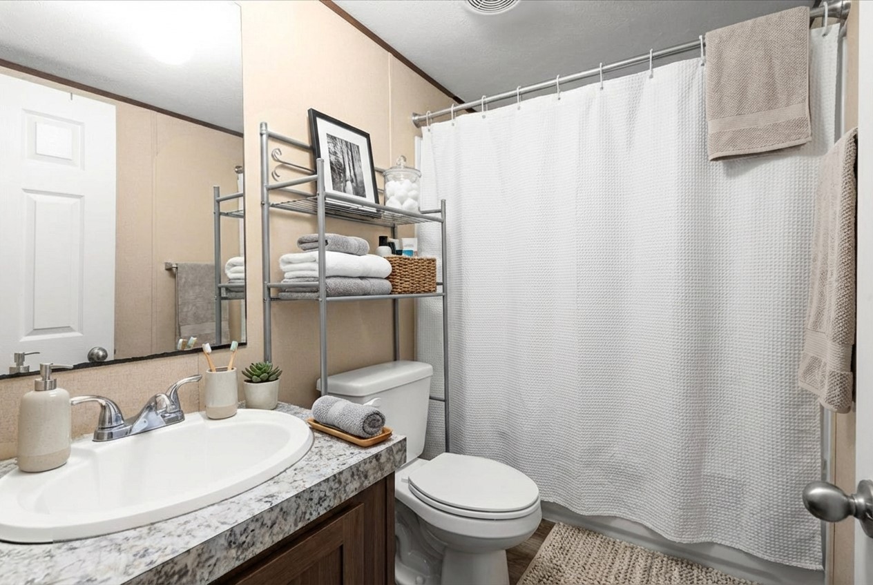 341 Southwest Front Street Bartlett, TX 76511 - Photo 14 of 23 a bathroom with a granite countertop sink toilet and a mirror