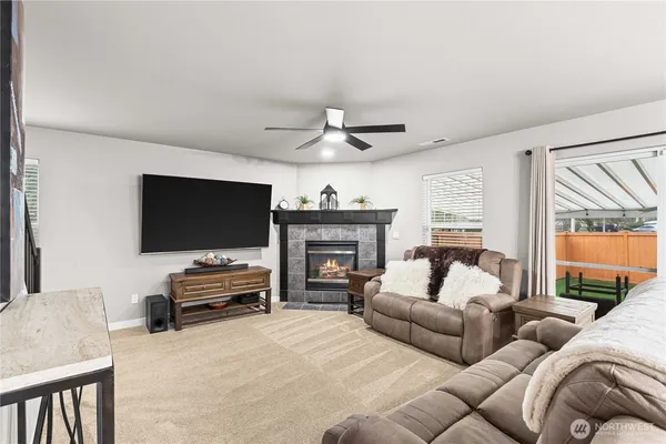 a living room with furniture a flat screen tv and a fireplace