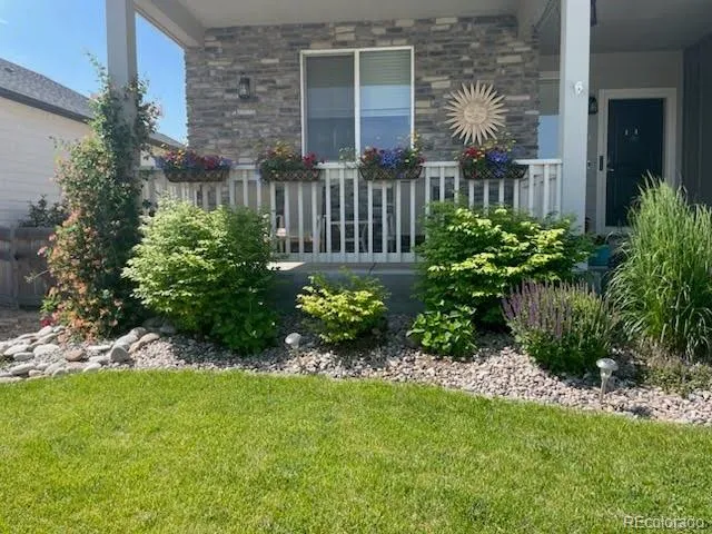 a view of a house with a small yard and plants