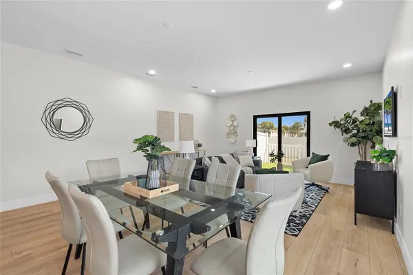 a view of a dining room with furniture