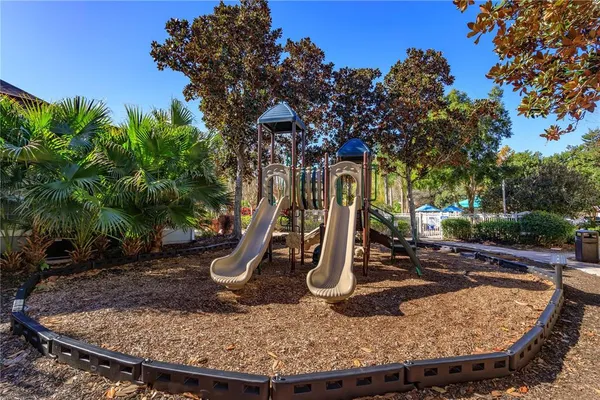 a view of a slide with a tree in the background