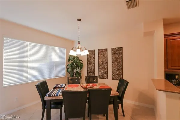 a view of a dining room with furniture window and outside view