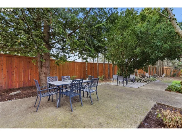 a backyard of a house with table and chairs