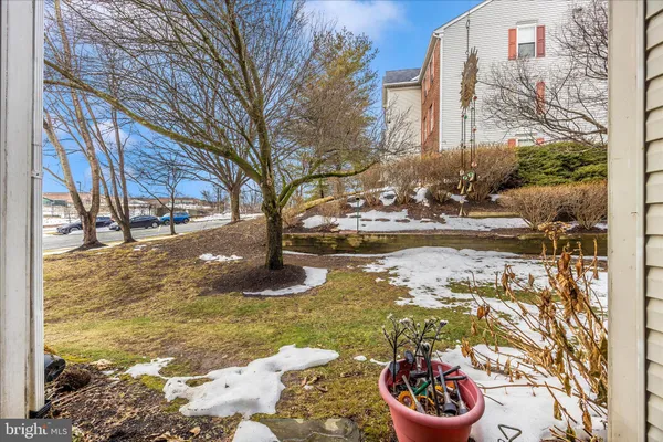 a view of a yard with a fountain